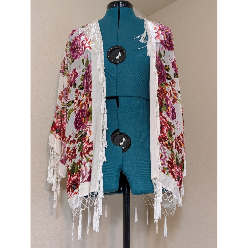 Floral Velvet Burnout Kimono Cardigan Beaded Fringe Tassel Open Front White READ